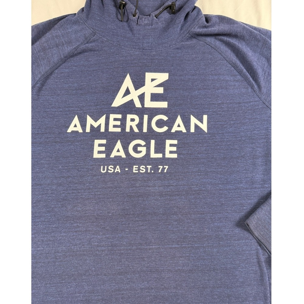 American Eagle Mens Blue Graphic Logo Hoodie Sweatshirt Large Raglan Sleeve Navy - Picture 2 of 9